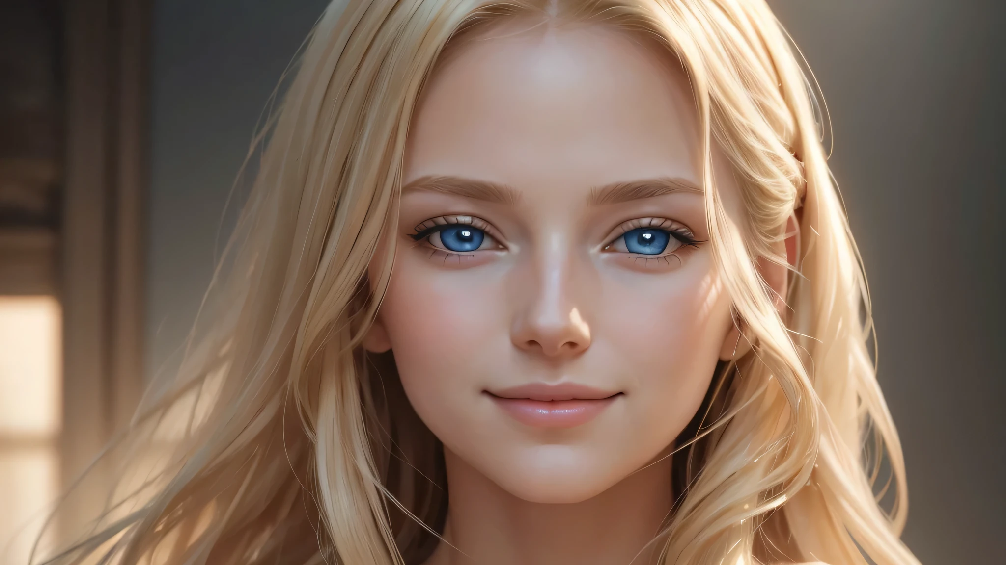 Soft portrait of a beautiful blonde woman, flowing golden hair, captivating blue eyes, delicate features, radiant smile, natural makeup, elegant attire, gentle expression, subtle blush, warm skin tones, ethereal lighting, soft shadows, high-resolution digital painting, realistic style, artistic interpretation, by a skilled portrait artist, ArtStation showcase.
