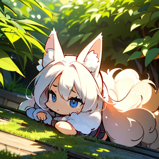 (best quality,4k,8k,highres,masterpiece:1.2),ultra-detailed,(realistic,photorealistic,photo-realistic:1.37),cute,solo girl with white long wavy hair,blue eyes,fox ears,fluffy fox tail,summer time in Japan,beautiful garden scenery,lush greenery,colorful