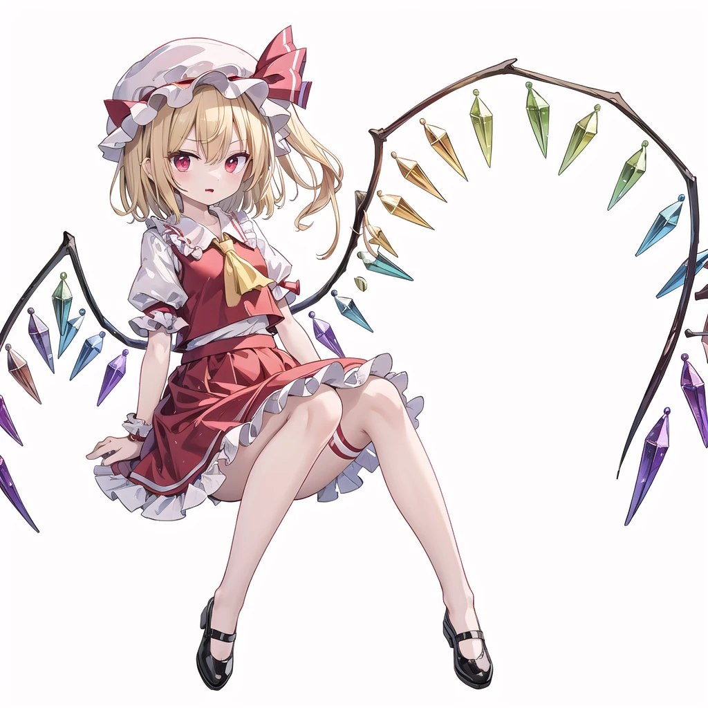 (((one women))),(((flandre scarlet))),(touhou), red eyes, short hair, medium hair, blonde hair, one side up, red eyes, slit pupils, fang, wings, crystal, white headwear, mob cap, red vest, white shirt, collared shirt, frilled shirt collar, yellow ascot, puffy short sleeves, frilled sleeves, wrist cuffs, red skirt, skirt set, frilled skirt, red ribbon, hat ribbon, back bow, white bow, laevatein (touhou), holding,(((full body))),(((model posing))),(((white background))),(((Diagonal angle)))