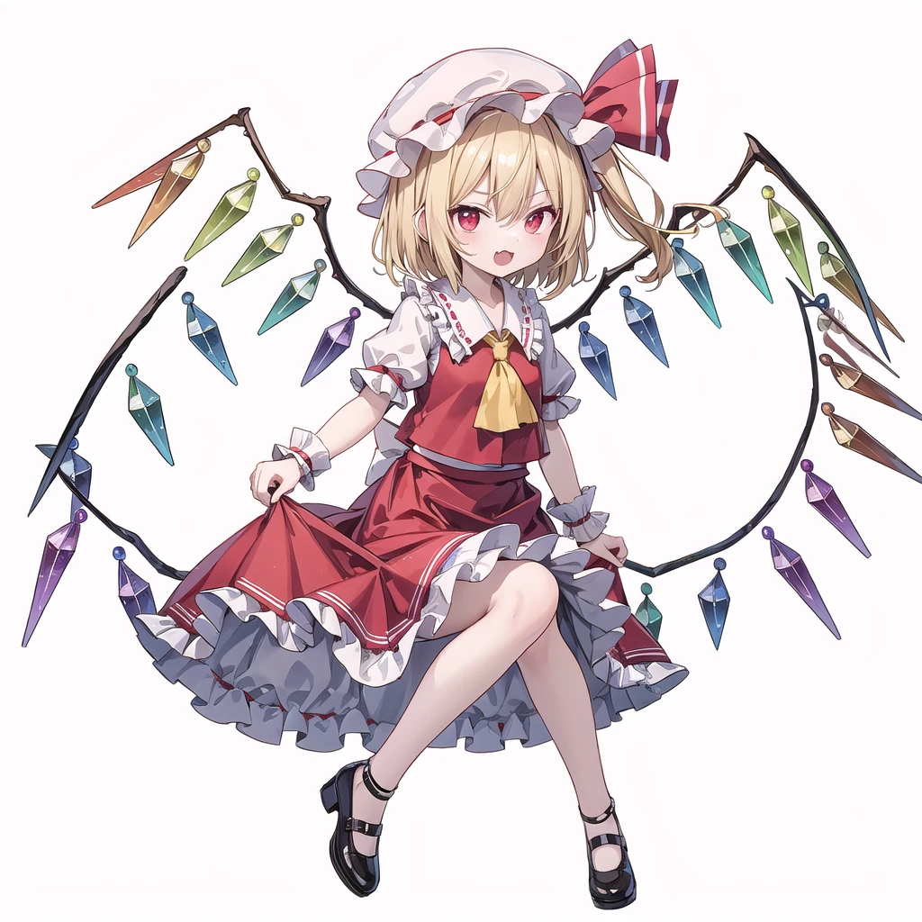 (((one women))),(((flandre scarlet))),(touhou), red eyes, short hair, medium hair, blonde hair, one side up, red eyes, slit pupils, fang, wings, crystal, white headwear, mob cap, red vest, white shirt, collared shirt, frilled shirt collar, yellow ascot, puffy short sleeves, frilled sleeves, wrist cuffs, red skirt, skirt set, frilled skirt, red ribbon, hat ribbon, back bow, white bow, laevatein (touhou), holding,(((full body))),(((model posing))),(((white background))),(((Diagonal angle)))