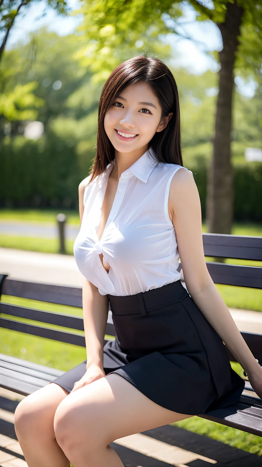 Japanese office lady、Sleeveless Shirt、lunch、Low bench、sitting on a park bench、smile、Check tight mini skirt、masterpiece,best quality,ultra detailed,highres,high-resolution,4K,realistic,RAW photo,((real person)),portrait photography,photorealistic,detailed skin,(delicate black eyes ), A soothing woman with sagging eyes,Calm and calm, middle hair,skinny,clothing,The wind is blowing,tareme、Beautiful legs、Small shirt、(((upskirt)))、((Knees are higher than hips))、White shorts、Bend your knees、(((Knee Up)))、(huge breasts)、(Her shirt was about to burst because of her large bust),Detailed Details,The wind is blowing、Focus on the groin,Push your hips forward,Put your hands behind your back、squat