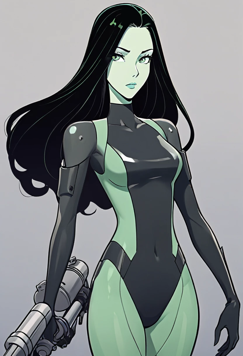 cartoon thin woman, long neck, long black hair, pale green skin, wearing a sci-fi diving suit. she is armed with an arm cannon