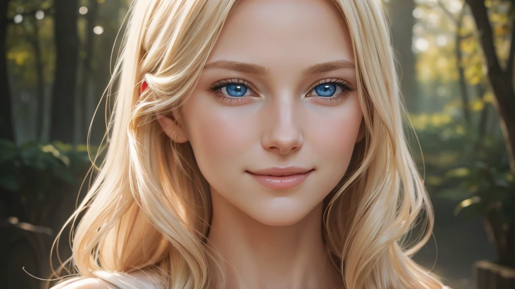 Soft portrait of a beautiful blonde woman, flowing golden hair, captivating blue eyes, delicate features, radiant smile, natural makeup, elegant attire, gentle expression, subtle blush, warm skin tones, ethereal lighting, soft shadows, high-resolution digital painting, realistic style, artistic interpretation, by a skilled portrait artist, ArtStation showcase.
