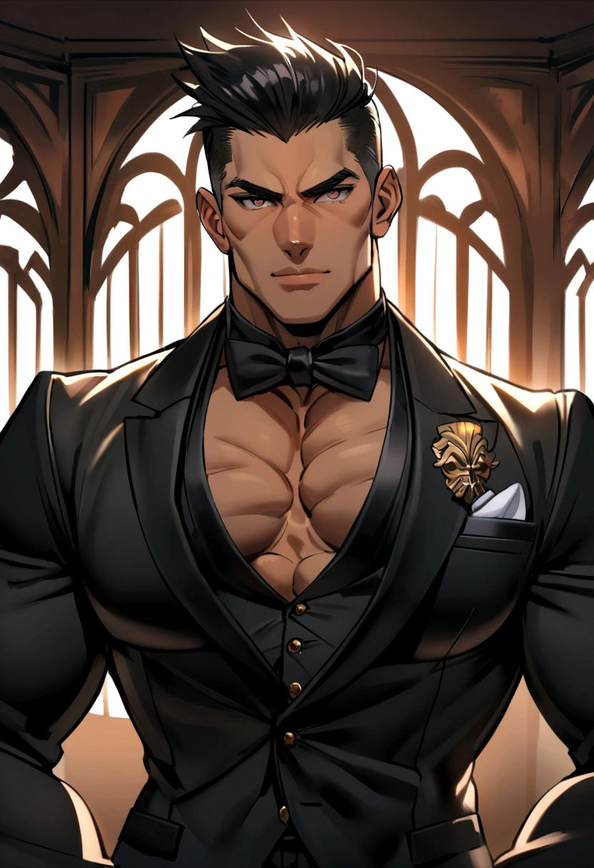 mascle, Hispanic, skin fair, Bblack hair, eyes browns, Barba, muscled body, wearing black suit, 8k at home, gazing at viewer