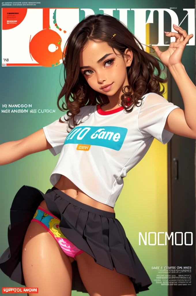 (superflat, flat shading, flat-colors:1.1), (magazine cover with lyrics in Portuguese), change, , school shirt, without skirt, patterned panties , curving, from behind, fund, ssmile, volumetric lighting, smooth light, Ablaze, colorfully, water colour, 10 years, curly hair