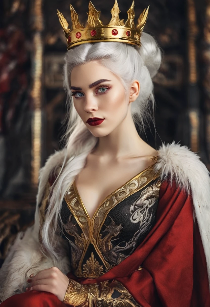 Woman with white hair and light violet eyes, very white skin, about 19 years old, has a mini updo in her hair with a gold crown with rubies, has natural red lips with a mini smile and very thick white eyebrows with She has long eyelashes and is too beautiful. She has a black and red dress with dragons embroidered in gold and the dress has a deep neckline. Her chest is one meter and seventy centimeters tall. She is standing on a high platform with 8 steps. Behind her there is a man. He is one meter and ninety centimeters tall and has a military body with broad shoulders. He has white hair and dark violet eyes with very thick white eyebrows. His features are serious. He is dressed in gold and silver armor and has two drawn dragons. On the red and black chest, he has one hand on the woman&#39;s waist and the other on the handle of a sword that he has on a belt on his hips. Behind them there is an iron throne with swords embedded everywhere behind it. From the throne there are two dragons, one black and one red. 