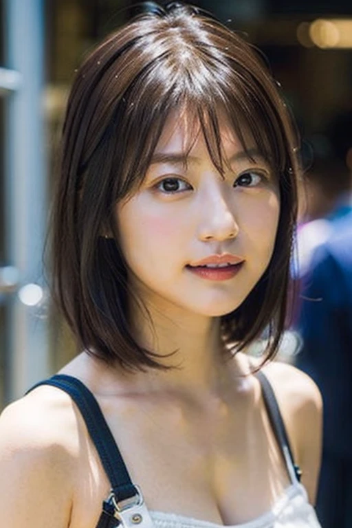(8K、Raw photo、Highest quality、masterpiece:1.2)、(Realistic、Photorealistic:1.37)、Ultra-detailed、Ultra-high resolution、1 Girl、Seeing the viewer、Beautifully detailed face、Bright smile、narrow、(Slim waist) :1.3)、Beautifully detailed skin、Skin Texture、The background is a typical residential area of everyday life in Japan.、White Beige Knitted Camisole、Very thin、Very thin shoulder straps(1 front button) Open your chest wide、I can see her cleavage 15-year-old student Clean and elegant Average hairstyle of Japanese idols(semi-long)Smile a little West Shot Fair skin Clear Muscle