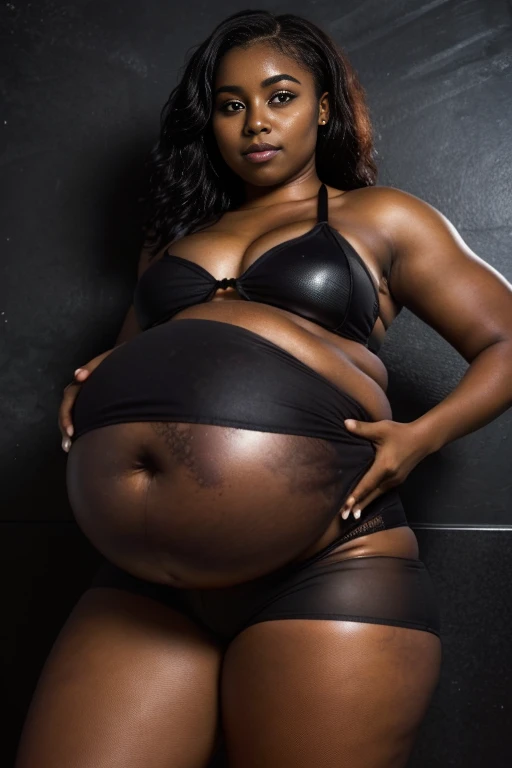  Masterpiece, 18 years old, gorgeous cute nigerian girl, smirk, freckles, (dark skin:1.6), black sports bra, black bikini, booty shorts, wet skin, black hair, freckles, facing the camera, standing, pregnant belly, chubby, black fishnet stockings