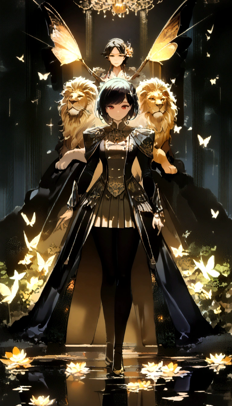 "((work of art)) Leo in the ((misty)) ,((Magical Black Forest :1.2))at the end of dusk, featuring ((sombras escuras fortes refeaturingendadas para cena:1.2)), A shining magical lion,bright golden flowers ,((glowing butterfly )), beautiful magical style, Golden water reflection,ferocious, conceptual artwork, digitalpainting."