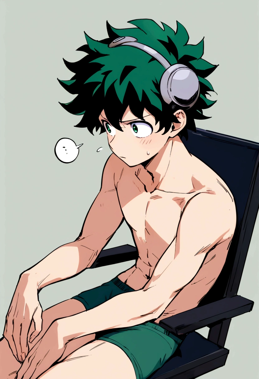 (masterpiece, best quality:1.2), solo, male focus, 1boy, midoriya izuku, short green hair, green eyes, no shirt, no pants, wearing green boxer briefs, teenager, toned slender body, domed helmet, mind control device, blank expression, mouth hanging open staring straight forwars, relaxed body posture, sitting in chair, anime style, my hero academia style