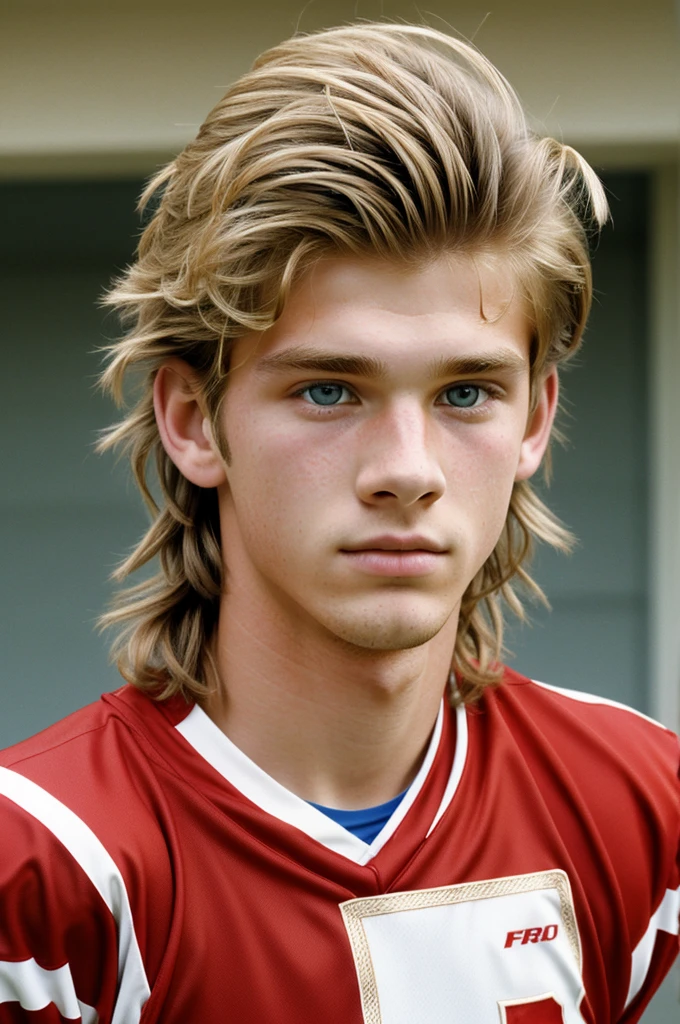 Handsome, 1990s hairstyle, blonde hair, football player, red football jersey, blue eyes, almond shaped eyes, model looks, messy hair, fluffy hair, 15 year old male, high school student, from Texas, kind expression, clear skin, light skin, button nose, freckled nose