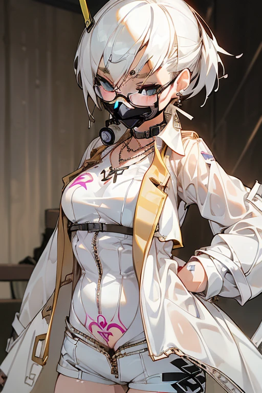 Female Gamers, ((Wet thin white shirt, Open the zipper fashion trench coat, Hot Pants, Glasses, earrings, necklace, brother, Face mask, earphone, cute collar, bitch tattoo About the body 1:3)), (The Irresistible Aura of an Idol, Blur effect, Bubble Effect, black luminous eyes, Arcade style makeup, , Face turns red, Angry face, blond), (masterpiece, Extremely meticulous body details, high resolution, Original Characters, Best anime 16k wallpaper quality), Club bar background, No underwear,  About the body