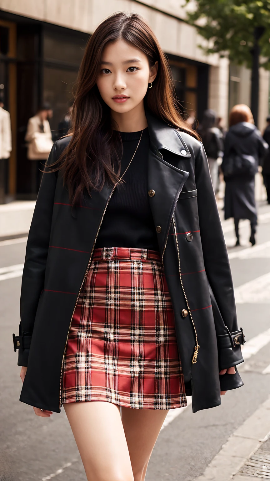 Tartan check mini skirt、Burberry style、Jacket on bare skin、adult