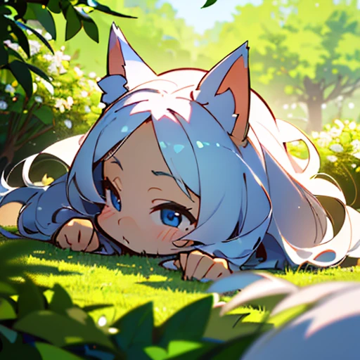 (best quality,4k,8k,highres,masterpiece:1.2),ultra-detailed,(realistic,photorealistic,photo-realistic:1.37),cute,solo girl with white long wavy hair,blue eyes,fox ears,fluffy fox tail,summer time in Japan,beautiful garden scenery,lush greenery,colorful