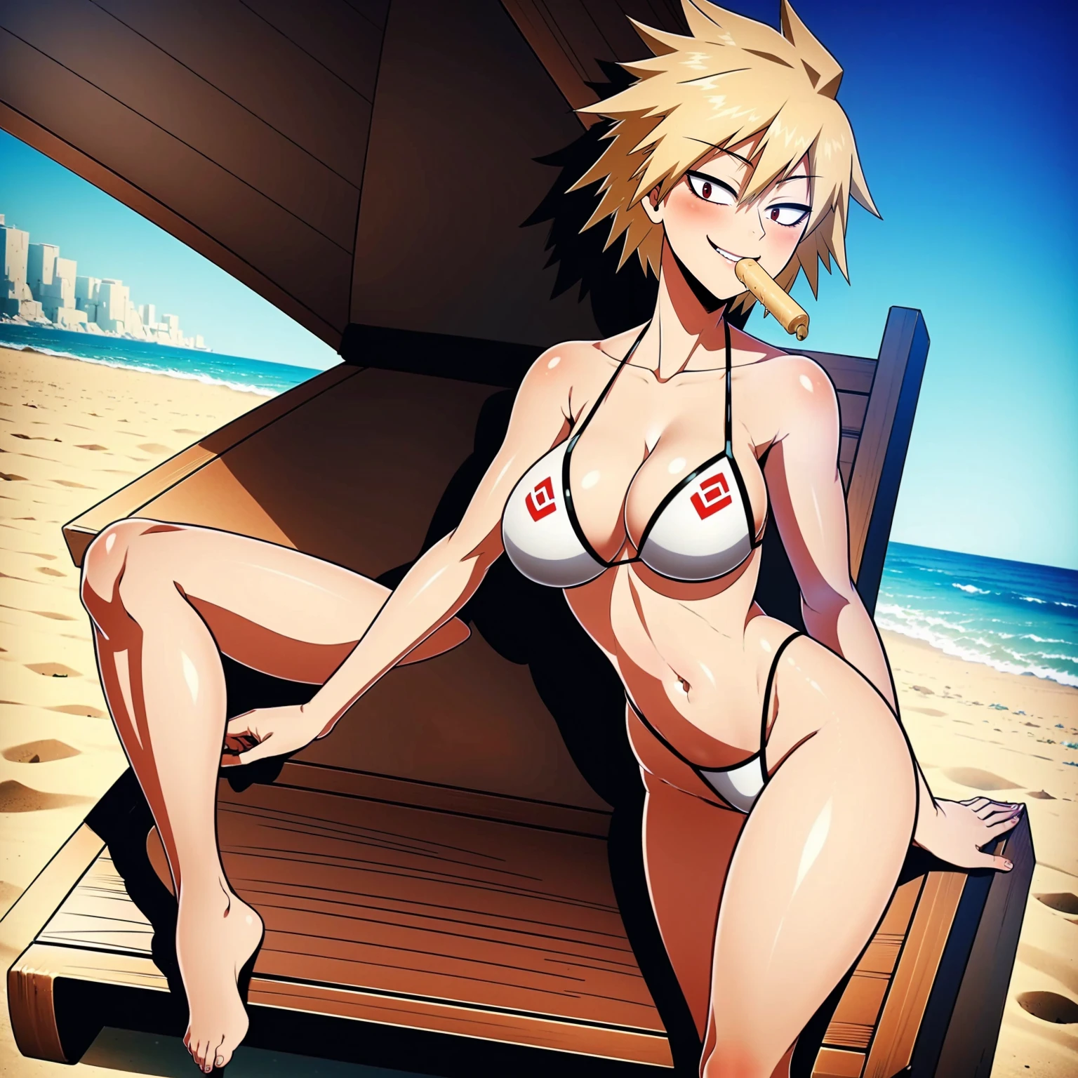 m1tsuk1, ((short blonde hair, , glowing red eyes, makeup, narrow waist, skinny, medium breasts)), pelvic curtain, ((white bikini)), full body, perfect body, (insanely detailed, beautiful detailed face, masterpiece, best quality) , (((solo))), (((1girl))), (((mature))), (extremely detailed 8k paper CG wall unit: 1.1), (beach, beach chair, dusk), (smile face for the viewer), holding ice cream, popsicle in mouth, parted lips