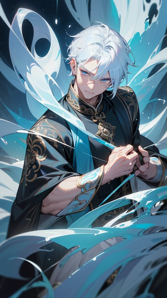 Youngh naughty man, male, muscles, (White hair:1.2, cute hair style, detailed short hair), (((blue and white eyes:1.3))), intricate eyes, beautiful detailed Olhos, symmetrical Olhos, big eyes:1.5, handsome naughty man, naughty man:1.5, 1 naughty man, (male, Muscle, 1 naughty man, 1 naughty man, breastplate, naughty man chest, muscular), Youngh, ((1 male, 1 male, 1 naughty man, naughty man, male gender:1.5, handsome naughty man, male focus)),
serious face, mellow,
(Glace leaving the body and around), (white hair, blue eyes with white), (muscle body), holding silver white stick, (((intricate outfit, intricate clothes, embroidered clothing, ornate outfit, Embroidered clothes, ornate clothes))), (((crystal clothing, above all, black clothing, black leagwear))),
(dynamic pose:1.0), serious and mellow, (centred, scale to fit dimensions, rule of thirds),
((frozen forest, Glace, mysterious atmosphere)), with cold aura, scenario:1.25, intricate scenario, ((frozen forest background)),
(Glossy inverno ornaments), high resolution, sharp focus, (ultra detaild, extremely detaild), (photorealistic art:1.37), (extremely detaild CG unity 8k wallpaper), (((swirly vibrant colors, vibrant theme))), (intricate), (work of art), (best qualityer), artistic photography, (photograph taken by sldr), (intricate background), perfect rendered face, perfect face details, lifelike face, photo realist, ((intricate detail)), (((Reality))).