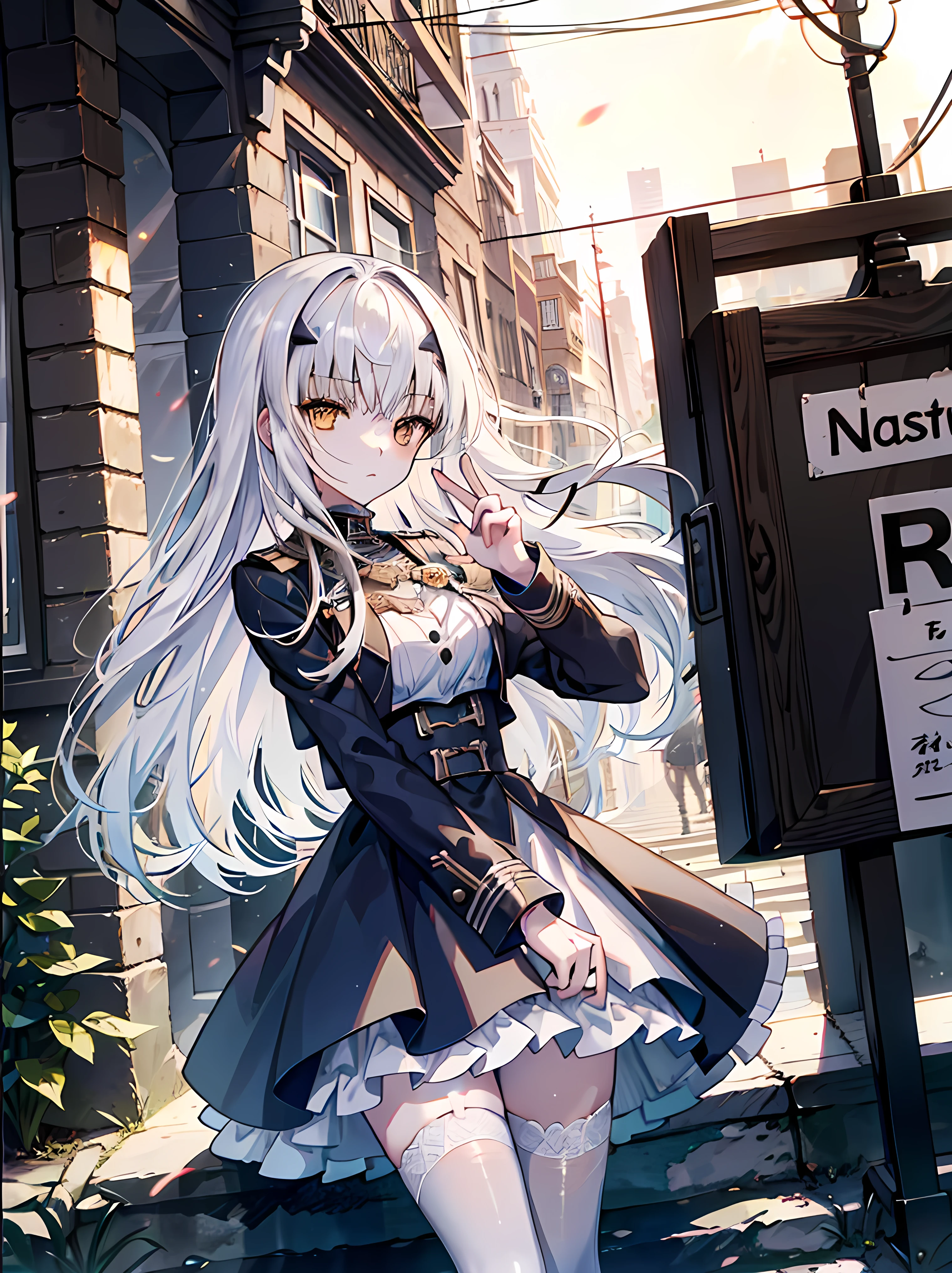 ((absurdres)), hd, uhd, (((HDR))), ((best quality)), (ultra high quality), (hi-res), ((1girl)), solo, alone, melusine, (brown eyes:1.5), long hair, white hair, sidelocks, blue dress, dress, frills, long sleeves, white thighhighs, serious expression, ((looking at viewer)), ((dynamic)), fairy forest city, outside, city buildings, sidewalk, daytime, additional lighting, sunlight on face, noon, bright sun, city scenery, (five fingers),