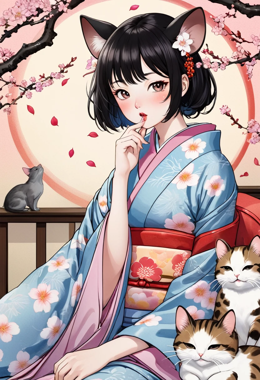 (utamaro style:1.2) , Hallucination, daydream , nightmare , Insane Dream , bokeh , erotica , romance , realistic mouse nymph and realistic cat , kimono , futon , Petals fluttering down , Single eyelids, round nose, swollen cheeks , Mount Fuji, Hawk, licking Eggplant