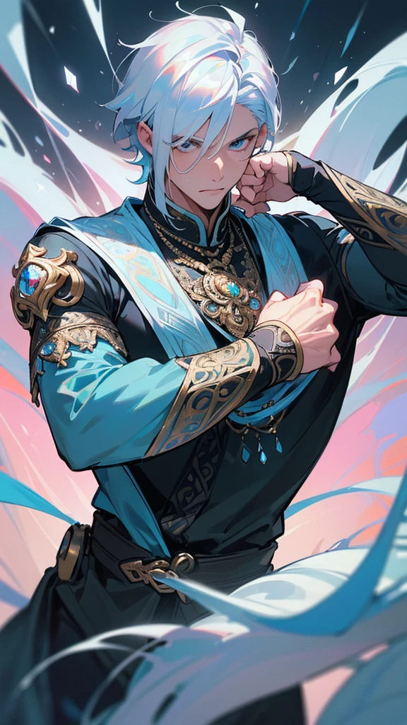 Youngh naughty man, male, muscles, (White hair:1.2, cute hair style, detailed short hair), (((blue and white eyes:1.3))), intricate eyes, beautiful detailed Olhos, symmetrical Olhos, big eyes:1.5, handsome naughty man, naughty man:1.5, 1 naughty man, (male, Muscle, 1 naughty man, 1 naughty man, breastplate, naughty man chest, muscular), Youngh, ((1 male, 1 male, 1 naughty man, naughty man, male gender:1.5, handsome naughty man, male focus)),

serious face, mellow,

(Glace leaving the body and around), (white  hair, blue eyes with white), (muscle body), holding silver white stick, (((intricate outfit, intricate clothes, embroidered clothing, ornate outfit, Embroidered clothes, ornate clothes))), (((crystal clothing, above all, black clothing, black leagwear))),

(dynamic pose:1.0), serious and mellow, (centred, scale to fit dimensions, rule of thirds),

((frozen forest, Glace, mysterious atmosphere)), with cold aura, scenario:1.25, intricate scenario, ((frozen forest background)),

(Glossy inverno ornaments), high resolution, sharp focus, (ultra detaild, extremely detaild), (photorealistic art:1.37), (extremely detaild CG unity 8k wallpaper), (((swirly vibrant colors, vibrant theme))), (intricate), (work of art), (best qualityer), artistic photography, (photograph taken by sldr), (intricate background), perfect rendered face, perfect face details, lifelike face, photo realist, ((intricate detail)), (((Reality))).