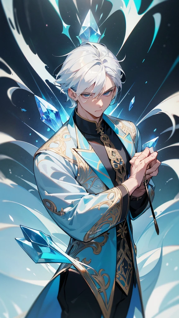 Youngh naughty man, male, muscles, (White hair:1.2, cute hair style, detailed short hair), (((blue and white eyes:1.3))), intricate eyes, beautiful detailed Olhos, symmetrical Olhos, big eyes:1.5, handsome naughty man, naughty man:1.5, 1 naughty man, (male, Muscle, 1 naughty man, 1 naughty man, breastplate, naughty man chest, muscular), Youngh, ((1 male, 1 male, 1 naughty man, naughty man, male gender:1.5, handsome naughty man, male focus)),

serious face, mellow,

(Glace leaving the body and around), (white  hair, blue eyes with white), (muscle body), holding silver white stick, (((intricate outfit, intricate clothes, embroidered clothing, ornate outfit, Embroidered clothes, ornate clothes))), (((crystal clothing, above all, black clothing, black leagwear))),

(dynamic pose:1.0), serious and mellow, (centred, scale to fit dimensions, rule of thirds),

((frozen forest, Glace, mysterious atmosphere)), with cold aura, scenario:1.25, intricate scenario, ((frozen forest background)),

(Glossy inverno ornaments), high resolution, sharp focus, (ultra detaild, extremely detaild), (photorealistic art:1.37), (extremely detaild CG unity 8k wallpaper), (((swirly vibrant colors, vibrant theme))), (intricate), (work of art), (best qualityer), artistic photography, (photograph taken by sldr), (intricate background), perfect rendered face, perfect face details, lifelike face, photo realist, ((intricate detail)), (((Reality))).