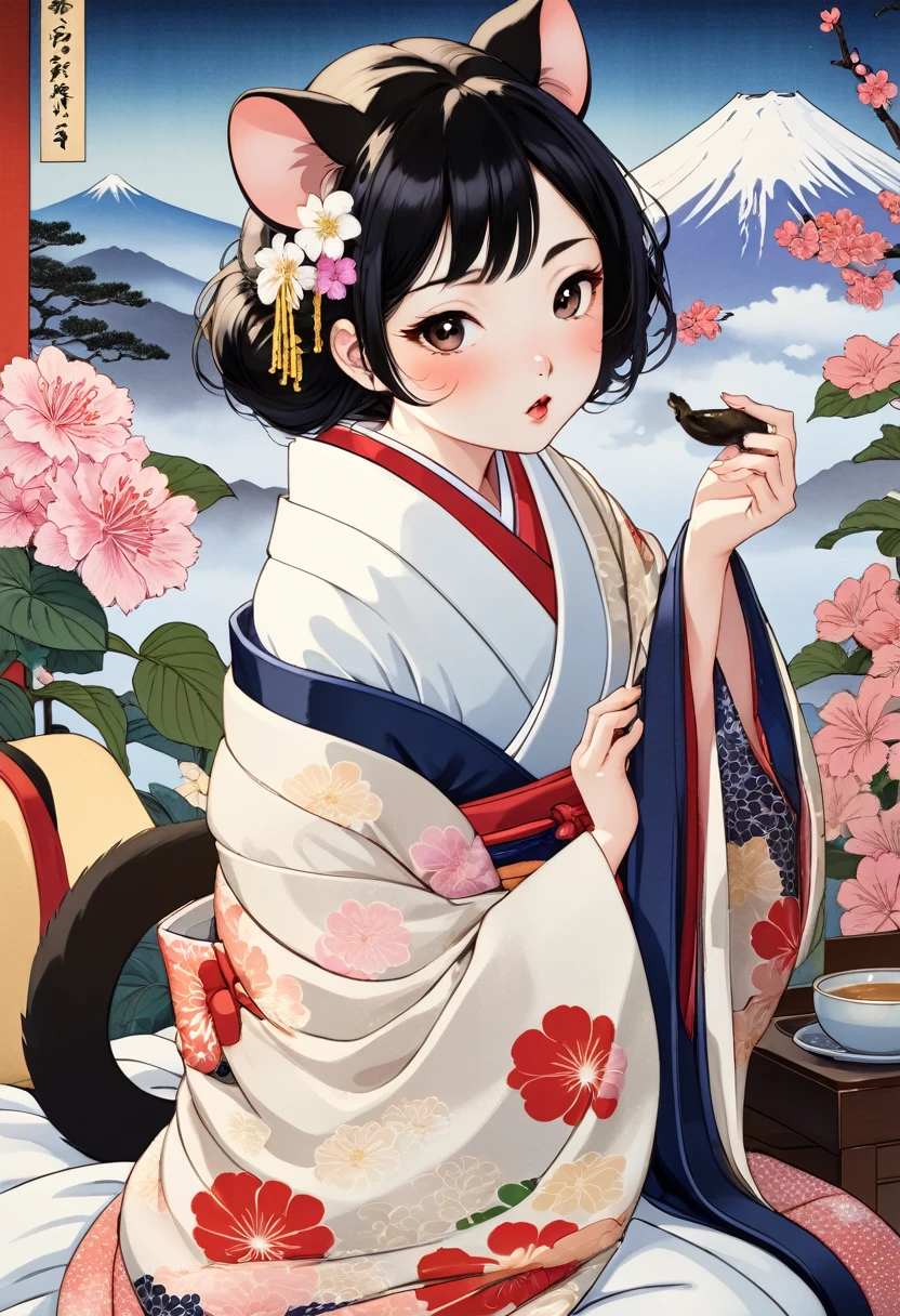 (utamaro style:1.2) , Hallucination, daydream , nightmare , Insane Dream , bokeh , erotica , romance , realistic mouse nymph and realistic cat , kimono , futon , Petals fluttering down , Single eyelids, round nose, swollen cheeks , Mount Fuji, Hawk, licking Eggplant