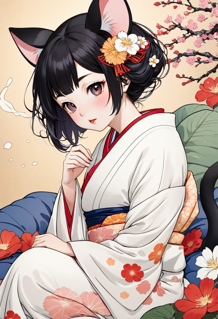 (utamaro style:1.2) , Hallucination, daydream , nightmare , Insane Dream , bokeh , erotica , romance , realistic mouse girl and realistic cat , kimono , futon , Petals fluttering down