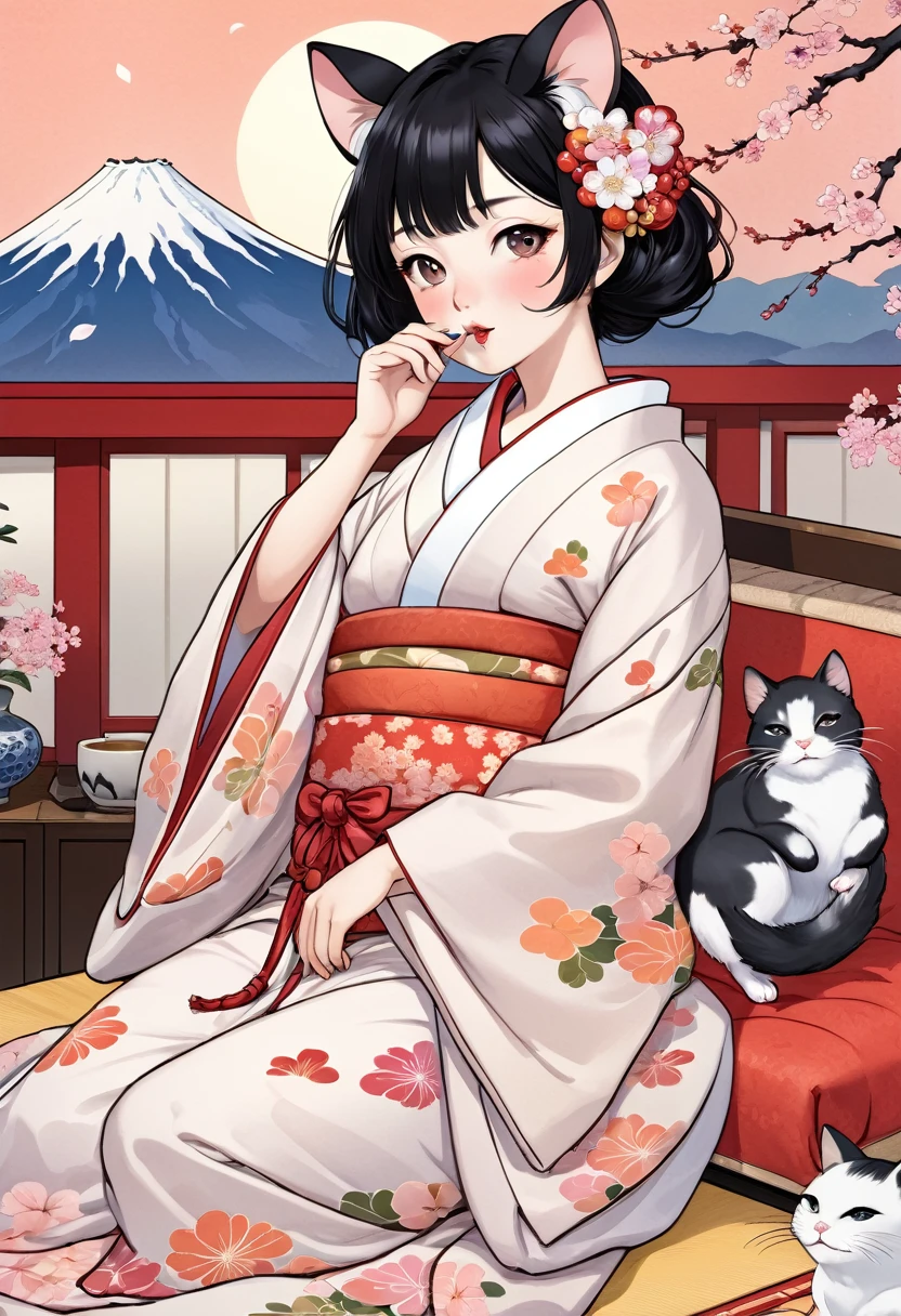 (utamaro style:1.2) , Hallucination, daydream , nightmare , Insane Dream , bokeh , erotica , romance , realistic mouse nymph and realistic cat , kimono , futon , Petals fluttering down , Single eyelids, round nose, swollen cheeks , Mount Fuji, Hawk, licking Eggplant