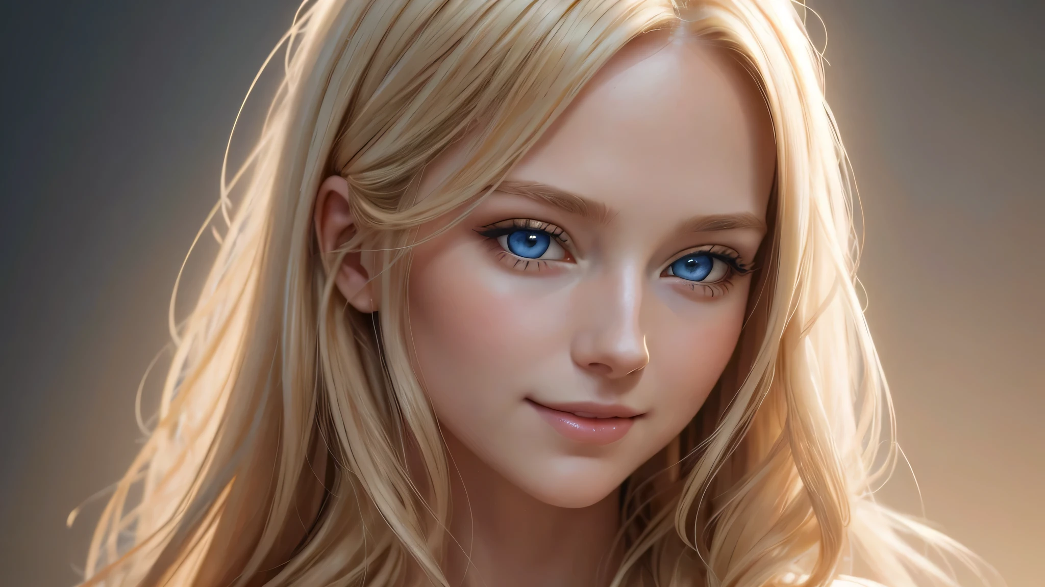Soft portrait of a beautiful blonde woman, flowing golden hair, captivating blue eyes, delicate features, radiant smile, natural makeup, elegant attire, gentle expression, subtle blush, warm skin tones, ethereal lighting, soft shadows, high-resolution digital painting, realistic style, artistic interpretation, by a skilled portrait artist, ArtStation showcase.