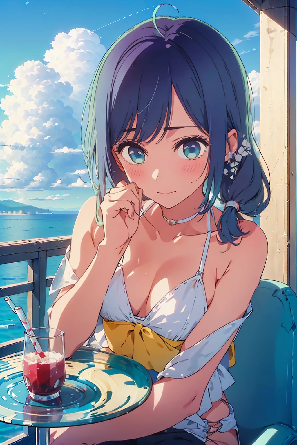 (Highest quality:1.4、8K:1.4、detailed)、F cup bust、Big Breasts、Slim body、Very white beautiful skin、((((1 person、Wink、sit、Chair、In the background are the urban buildings of Tokyo、looking at the camera、Outdoor café terrace、coastal、Navy hair color、juice、White side string high leg bikini、Shooting up close、table、Very cute face))))、(Wavy low ponytail:1.4、Pose of putting hair behind ears with hands:1.4)、Very blue sky、A completely cloudless sky
