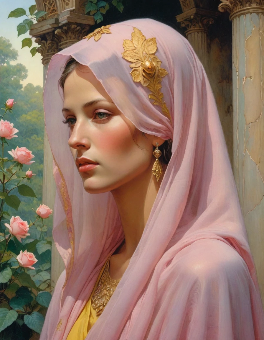 Masterpiece, ((realistic)), (propaganda poster), (((Moebius Jean Giraud))), ((((profile portrait of a veiled roman woman, young, priestess, dignified, wearing pink and yellow robes, detailed moth, rose elements, muted colors)))), (((corinthian columns with moth elements, jungle background, white doves)))