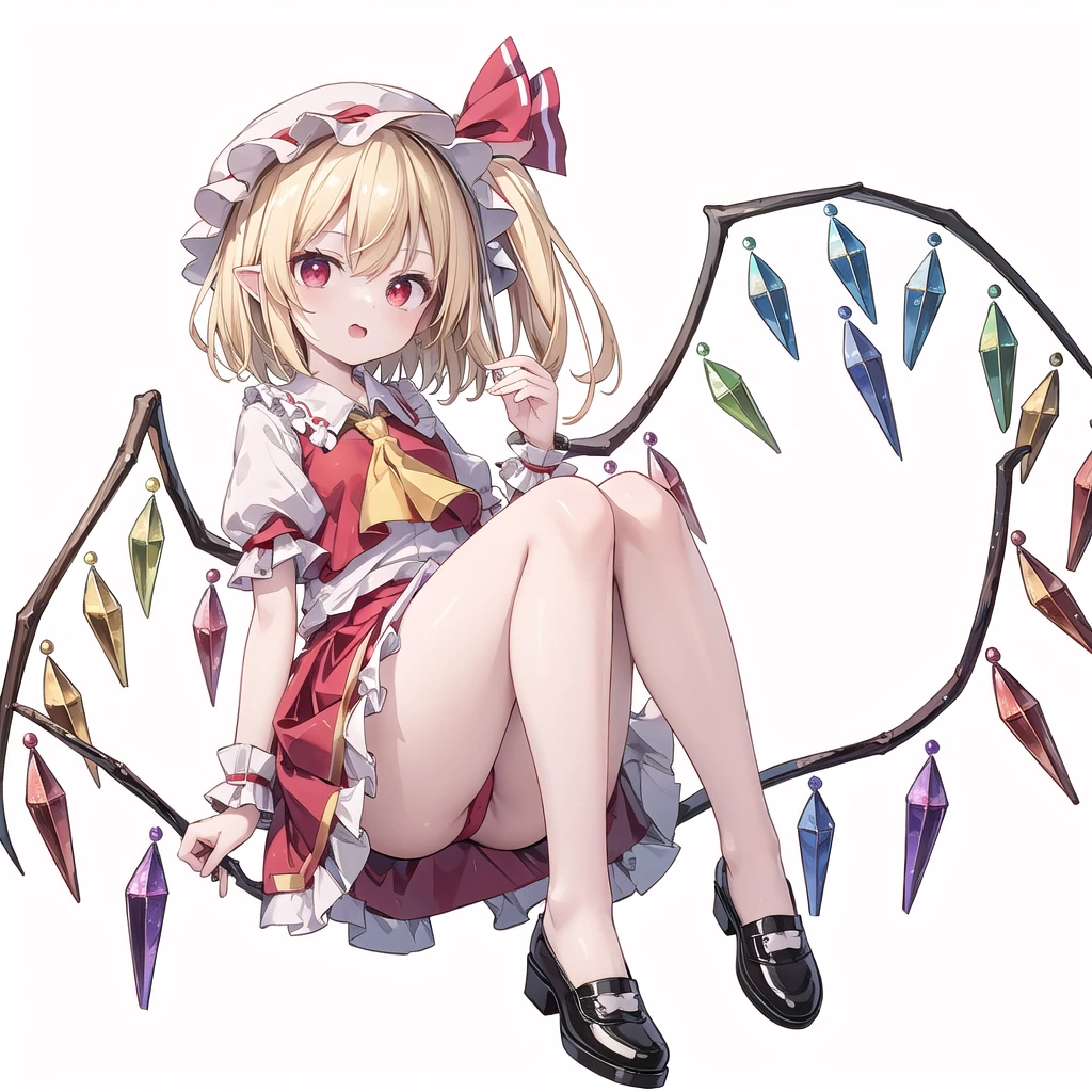 (((one women))),(((flandre scarlet))),(touhou), red eyes, short hair, medium hair, blonde hair, one side up, red eyes, slit pupils, fang, wings, crystal, white headwear, mob cap, red vest, white shirt, collared shirt, frilled shirt collar, yellow ascot, puffy short sleeves, frilled sleeves, wrist cuffs, red skirt, skirt set, frilled skirt, red ribbon, hat ribbon, back bow, white bow, laevatein (touhou), holding,(((full body))),(((model posing))),(((white background))),(((Diagonal angle)))