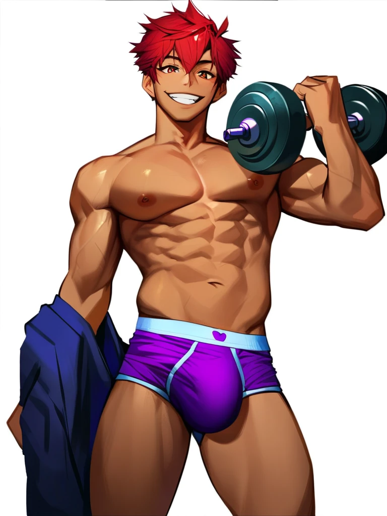 score_9, score_8_up, score_7_up, score_6_up, boy, red hair, idol haircut, hair down, bangs, smiling, shirtless, purple briefs, cool, front, brown skin, tanned, muscular, huge bulge, holding weights, looking at viewer, simple white background, concept art, RinotunaYei,