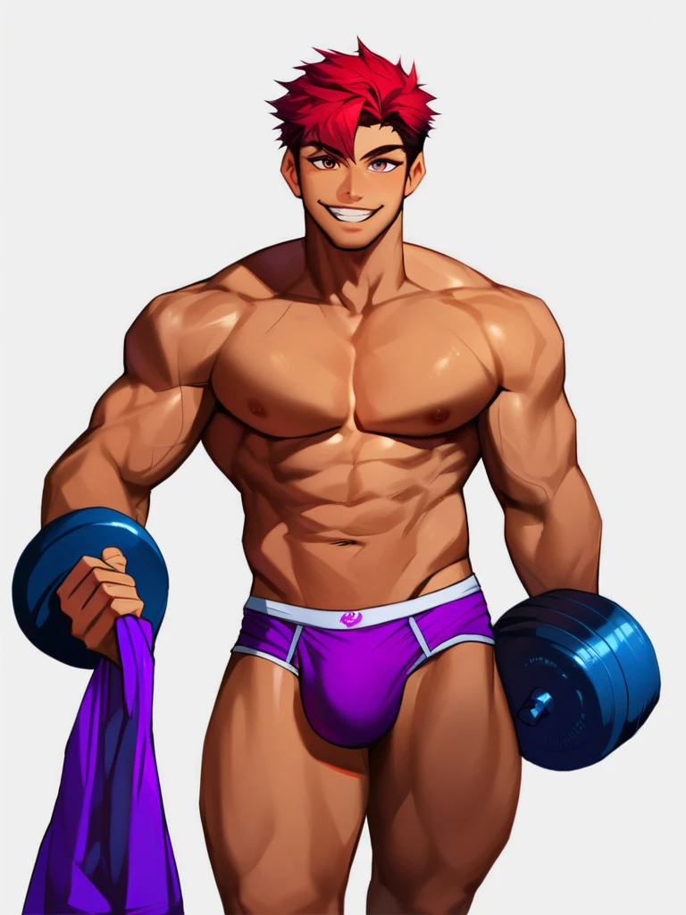 score_9, score_8_up, score_7_up, score_6_up, boy, red hair, idol haircut, hair down, bangs, smiling, shirtless, purple briefs, cool, front, brown skin, tanned, muscular, huge bulge, holding weights, looking at viewer, simple white background, concept art, RinotunaYei, 