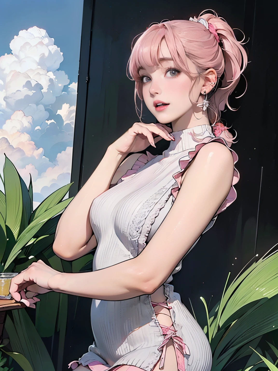 ((((Highest quality))))、(((Ultra-precision CG16K wallpaper)))、(((masterpiece)))、(((Super detailed)))、(((Extreme detail)))、((1Mature 29 year old woman:1.6))、((Very beautiful Japan face of a person))、((Urizane Face:1.8))、((Soft wavy ponytail medium hair、blunt bangs:1.8))、(((Shiny pink hair:1.5)))、A delicately drawn beautiful face、Dark Eyes、double eyelid、High nose、Small nostrils、Small Mouth、Seductive lips、Beautiful breasts、((C cup size breasts))、Beautiful feet、eight-headed body、Perfect proportions、Perfect Anatomy、Perfect composition、Beautiful detailed shading、Beautiful, natural lighting、Beautiful detail glow、Depth of written boundary、(((High chroma)))、(((Real:1.9)))、((vivid:1.5))、((Beautiful Skin))、((Skin Texture))、((Realな皮膚感))、(((Cowboy Shot:1.6)))、((front view、shoot from front、front low angle:1.6))、(((Half-open mouth、Surprised face:1.3)))、((The woman is looking at this、looking at viewer:1.6))、Bright daylight、Natural light、(((Grass Square、cloud:1.5)))、(Standing pose:1.6)、(((Dark gray high neck sleeveless summer knit mini dress:1.6)))、((Scrunchie Ribbon、Wearing earrings:1.5))、((Lace Stockings Clothed))、