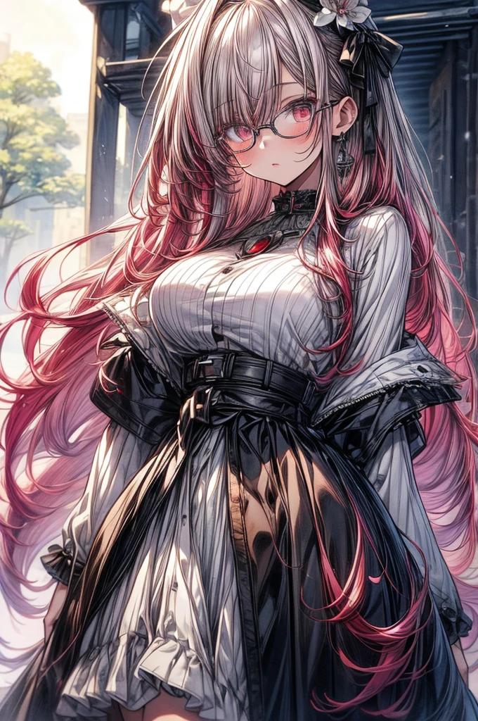 ((Sketch)), ((Watercolor)),((best quality)) ((best quality)), ((masterpiece)), (detailed), HD, Highly Detailed, 4k image, anime style, beautiful young girl, tanned white skin, long waist length hair(pink-red hair), soft facial features, heterochromatic eyes(left eye: silver)(right eye: red), elegant battle-styled sundress, cherry red plump lips, large E-cup breasts, short height(150cm). wide hips and large round ass, silver round-frame glasses