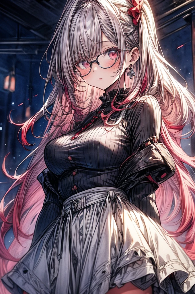 ((Sketch)), ((Watercolor)),((best quality)) ((best quality)), ((masterpiece)), (detailed), HD, Highly Detailed, 4k image, anime style, beautiful young girl, tanned white skin, long waist length hair(pink-red hair), soft facial features, heterochromatic eyes(left eye: silver)(right eye: red), elegant battle-styled sundress, cherry red plump lips, large E-cup breasts, short height(150cm). wide hips and large round ass, silver round-frame glasses