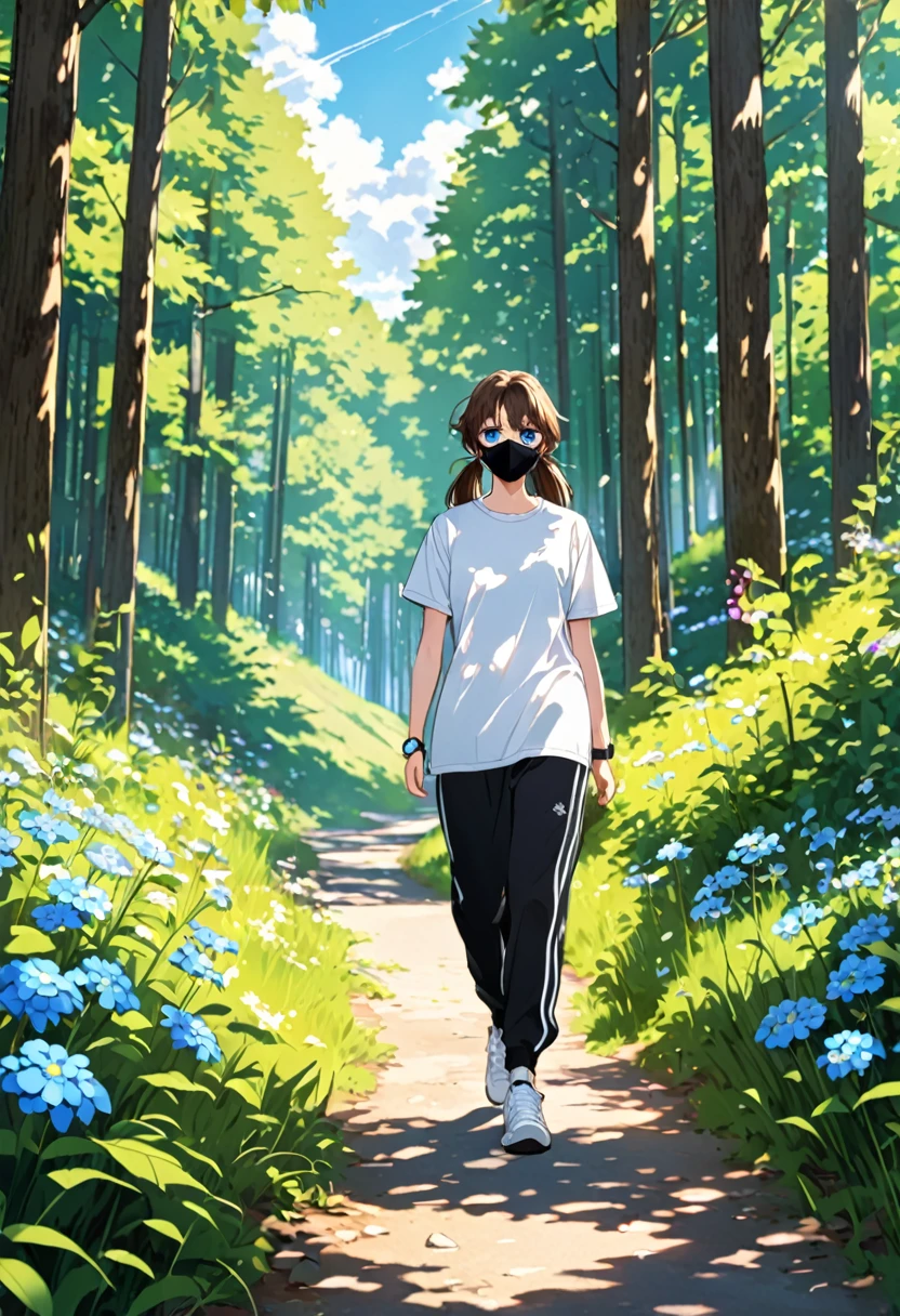 20y old walking throught the forest, sunshine, mountens

long brown hair, twin tails, blue eyes, black mask, exided

white t-shirt with flowers, black sweatpants with blue lines, on right



 hand has watch