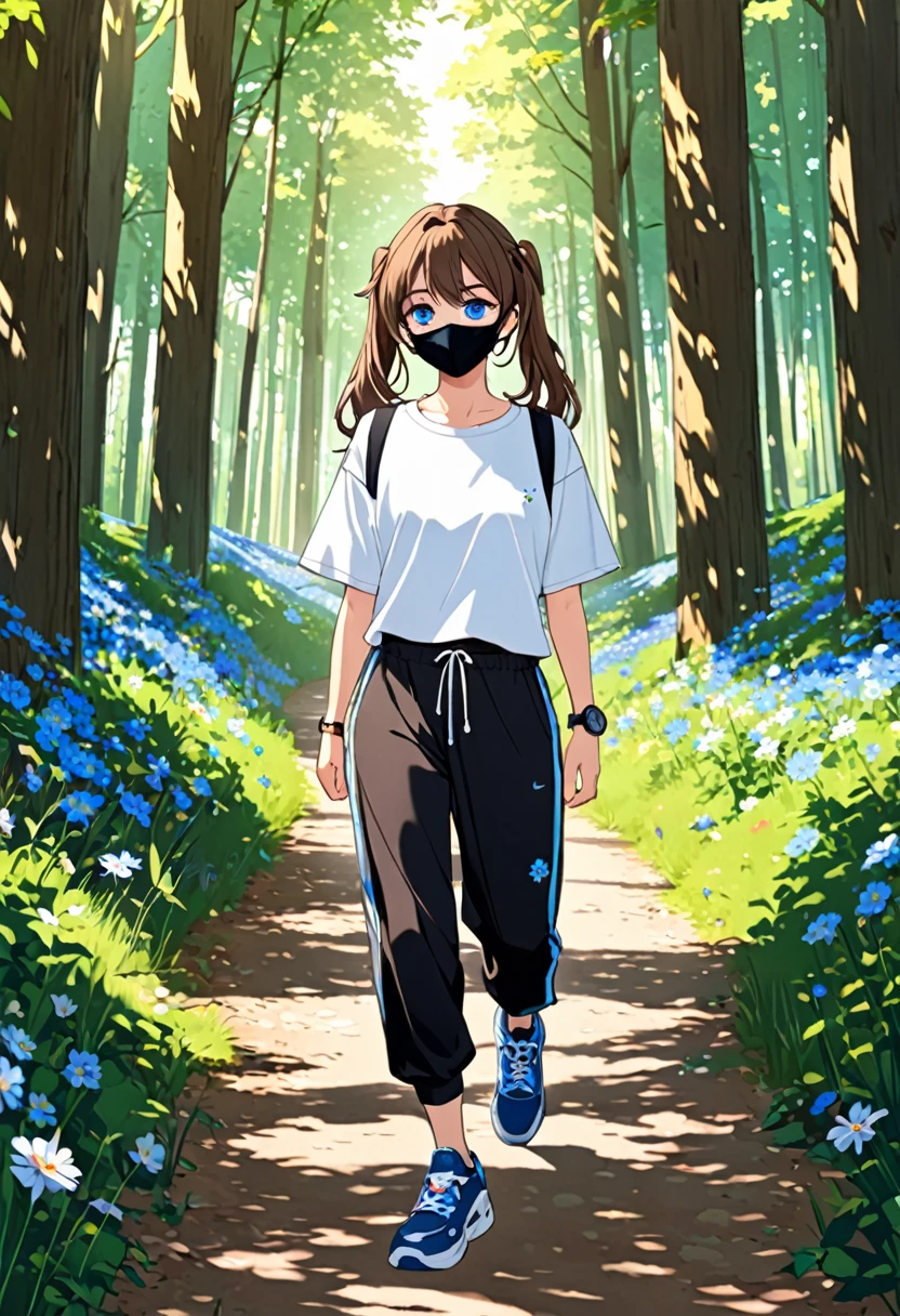 20y old walking throught the forest, sunshine, mountens
long brown hair, twin tails, blue eyes, black mask, exided
white t-shirt with flowers, black sweatpants with blue lines, on right
hand has watch