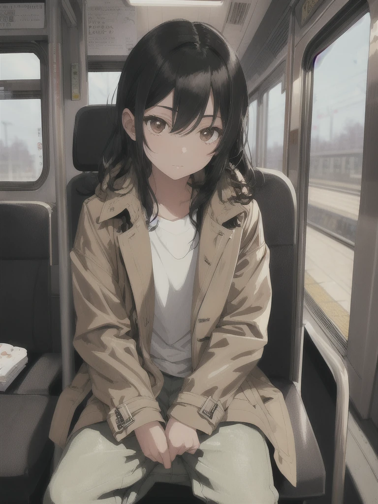 masterpiece, best quality, ultra-detailed, illustration, close-up, straight on, face focus, male, black hair, brown eyes, fluffy hair, wearing a trench coat, wearing a dirt pants, a boy, sitting on train.