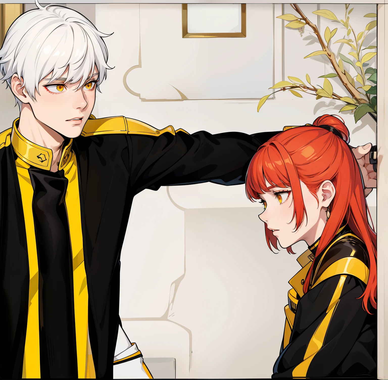 they are both talking , she speaks the speech there is a boy with white hair, yellow eyes and a girl with red hair and red eyes they are talking seriously worried about an important delicate topic, You have black clothes with yellow lines and they have golden collars and golden shoulder pads.
