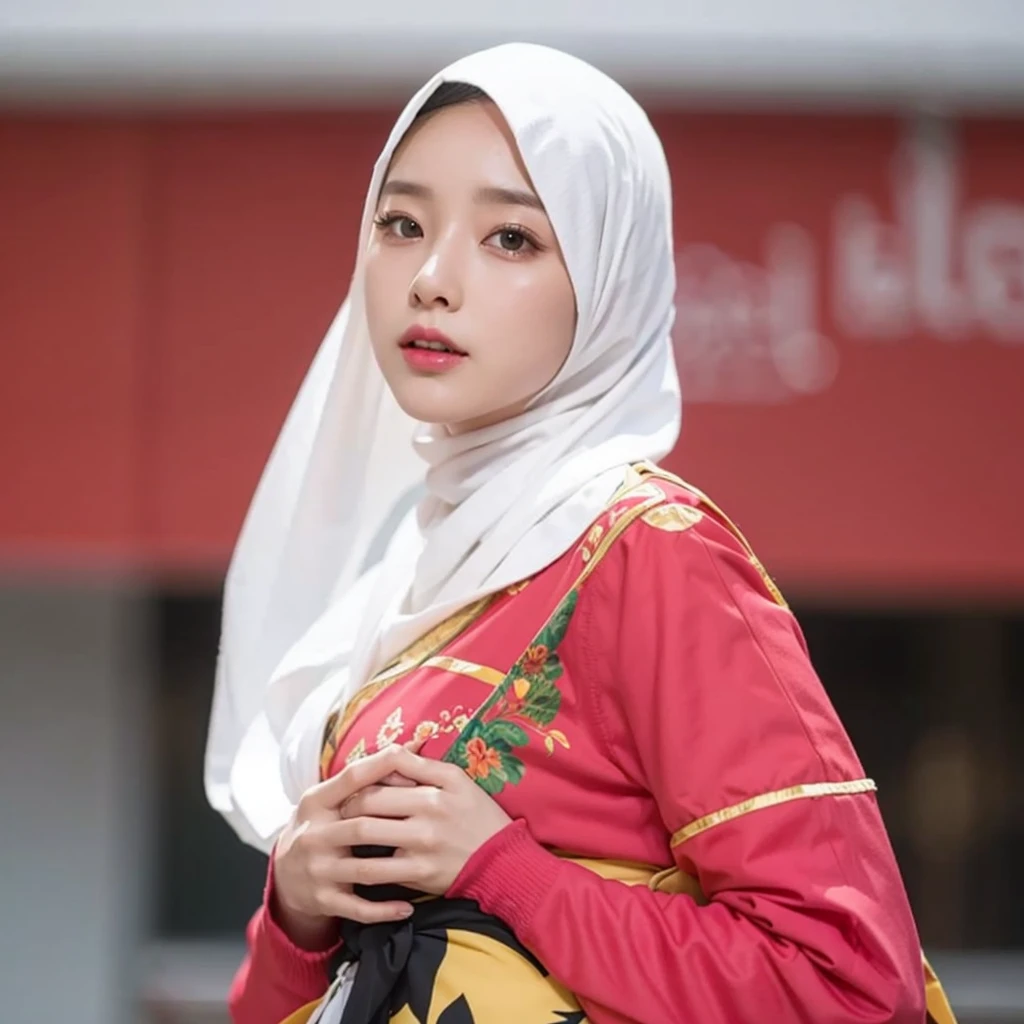 (Best quality, 8k, 32k, Masterpiece, UHD:1.2),Photo of Pretty Japanese hijab woman, large breasts, transparent shirt girl ,face focus,oversized_sweater, necklace, background, from above, looking at viewer, lingering, fetish hijab, hijab star