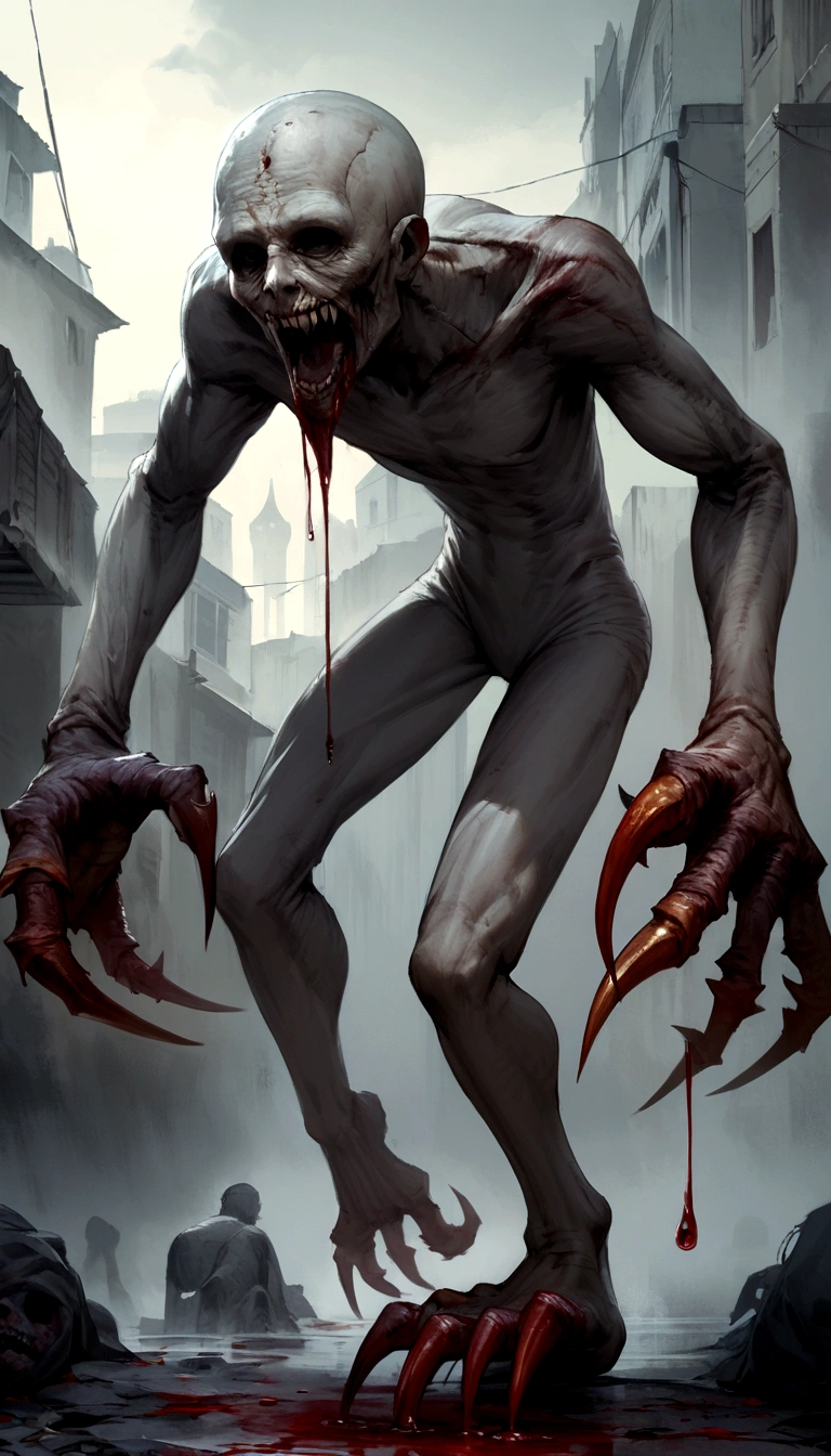 Create a realistic painting of a skinless zombie, No eyes, totally bloodied, dripping with blood and with pointy teeth and large claws on its feet and hands. He is a horror RPG fiction monster.