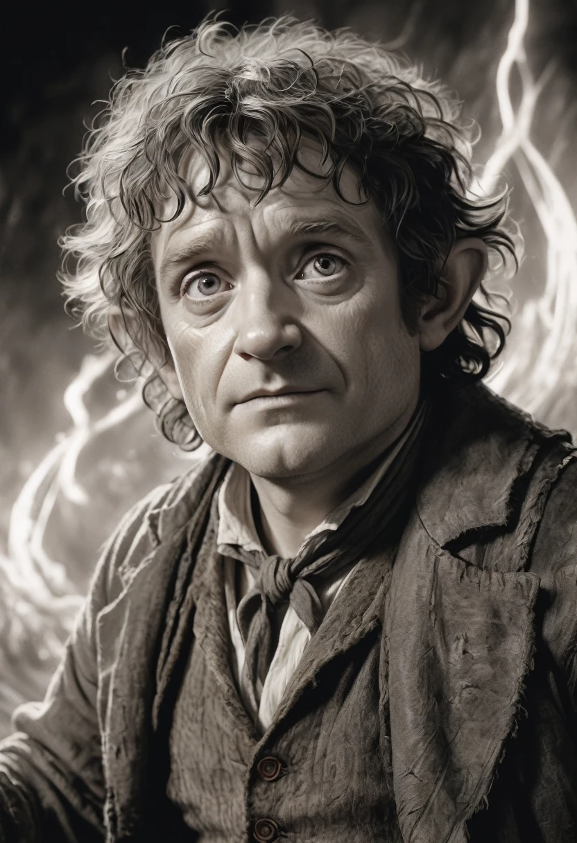 stunning black and white graphite sketch of Bilbo Baggins, up close shot, from The Lord Of The Rings trilogy, in dynamic pose, by Anna Razumovskay, (by Alyssa Monks:1.1), by Joseph Lorusso, by Lilia Alvarado, beautiful lighting, sharp focus, 8k, high res, (pores:0.1), (sweaty:0.8), Masterpiece, Nikon Z9, Award - winning photograph, --ar 16:9 --style raw --stylize 750 --niji 6, perfect composition, beautiful detailed intricate insanely detailed octane render trending on artstation, 8 k artistic photography, photorealistic concept art, soft natural volumetric cinematic perfect, wide angle view 