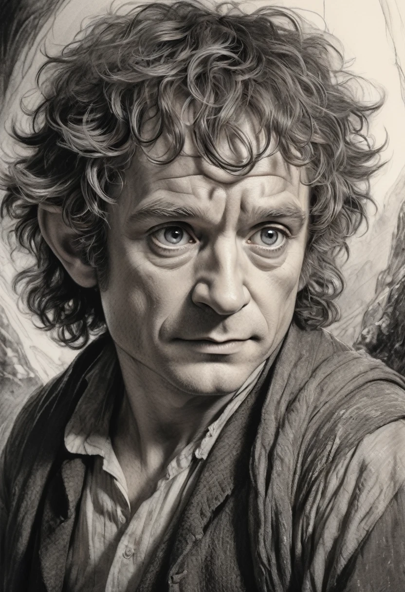 stunning black and white graphite sketch of Bilbo Baggins, up close shot, from The Lord Of The Rings trilogy, in dynamic pose, by Anna Razumovskay, (by Alyssa Monks:1.1), by Joseph Lorusso, by Lilia Alvarado, beautiful lighting, sharp focus, 8k, high res, (pores:0.1), (sweaty:0.8), Masterpiece, Nikon Z9, Award - winning photograph, --ar 16:9 --style raw --stylize 750 --niji 6, perfect composition, beautiful detailed intricate insanely detailed octane render trending on artstation, 8 k artistic photography, photorealistic concept art, soft natural volumetric cinematic perfect, wide angle view 