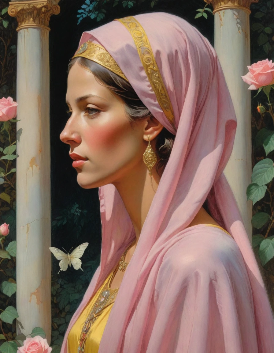 Masterpiece, ((realistic)), (propaganda poster), (((Moebius Jean Giraud))), ((((profile portrait of a veiled roman woman, young, priestess, dignified, wearing pink and yellow robes, detailed moth, rose elements, muted colors)))), (((corinthian columns with moth elements, jungle background, white doves)))