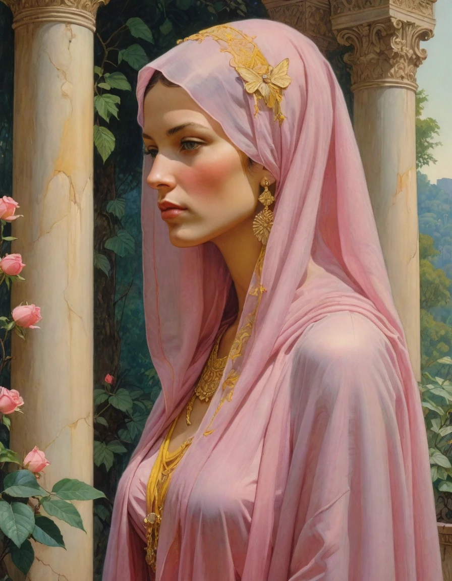 Masterpiece, ((realistic)), (propaganda poster), (((Moebius Jean Giraud))), ((((profile portrait of a veiled roman woman, young, priestess, dignified, wearing pink and yellow robes, detailed moth, rose elements, muted colors)))), (((corinthian columns with moth elements, jungle background, white doves)))