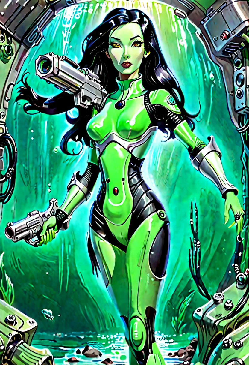 cartoon thin woman, long neck, long black hair, pale green skin, wearing a sci-fi diving suit. she is armed with an arm cannon