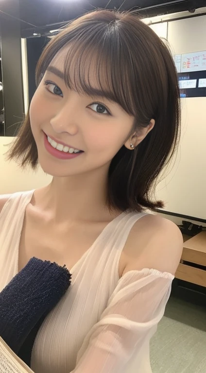 ((Highest quality、8K、masterpiece: 1.3))、Perfect Body Beauty: 1.4、Slim Abs: 1.2、Slim Absを持つ美しい女性:1.3、(Highlight Haircut、Breast A cup:1.2), Round shaped breasts, Perfectly shaped breasts, (((loose sheer shirt))), (good, ), Simple Necklace, Ultra detailed face、18-year-old、 Beautiful woman、(Dark brown shortcuts), Slim face、Highly detailed face and skin texture、Highly detailed lips、Spread your legs、Highest quality、masterpiece、Ultra-high resolution、(Realistic:1.4), I walked with confidence, Open your arms, Long Shot, Light background,

((Reading a news program script in the studio, Open, Glass Room:1.5)),
((Beautiful female announcer,Nogizaka Idol Face,A kind smile:1.5)),
((thinです, Milky, Skin-tight off-the-shoulder knit dress.:1.5)), 
((Gorgeous Earrings, Silver Necklace)), 
((Bright lighting, Foliage plant:1.2)),

((Erotic atmosphere, An erotic gaze that invites men:1.5)),
((Your clothes are wet,I rode it a lot:1.2)),

Ultra-detailed skin, Fair skin, Shiny skin, Ultra detailed face,
Slim faceの輪郭, Beautiful small face, Beautiful straight nose, 
Very fine eye, Long, narrow eyes, Brown eyes, double eyelid, Extremely fine eyebrows, thin, Long eyelashes, 
Ultra-detailed lips, Plump and moisturized lips, Glossy pink lips, Blushed, ((White beautiful teeth)), 
Beautiful actress&#39;Fatigue Make-up, Pink lipstick, Dark eyeshadow, 
Dark brown hair, Delicate and soft hair, Hair blowing in the wind, 
(Put your hair up, Medium Short Hair, ponytail:1.2), 
Layered Cut, (Blunt bangs:1.2), 
(((Photorealism,Shooting the whole body from the thighs:1.2))), ((Body facing sideways)), 
Dynamic Lighting, 