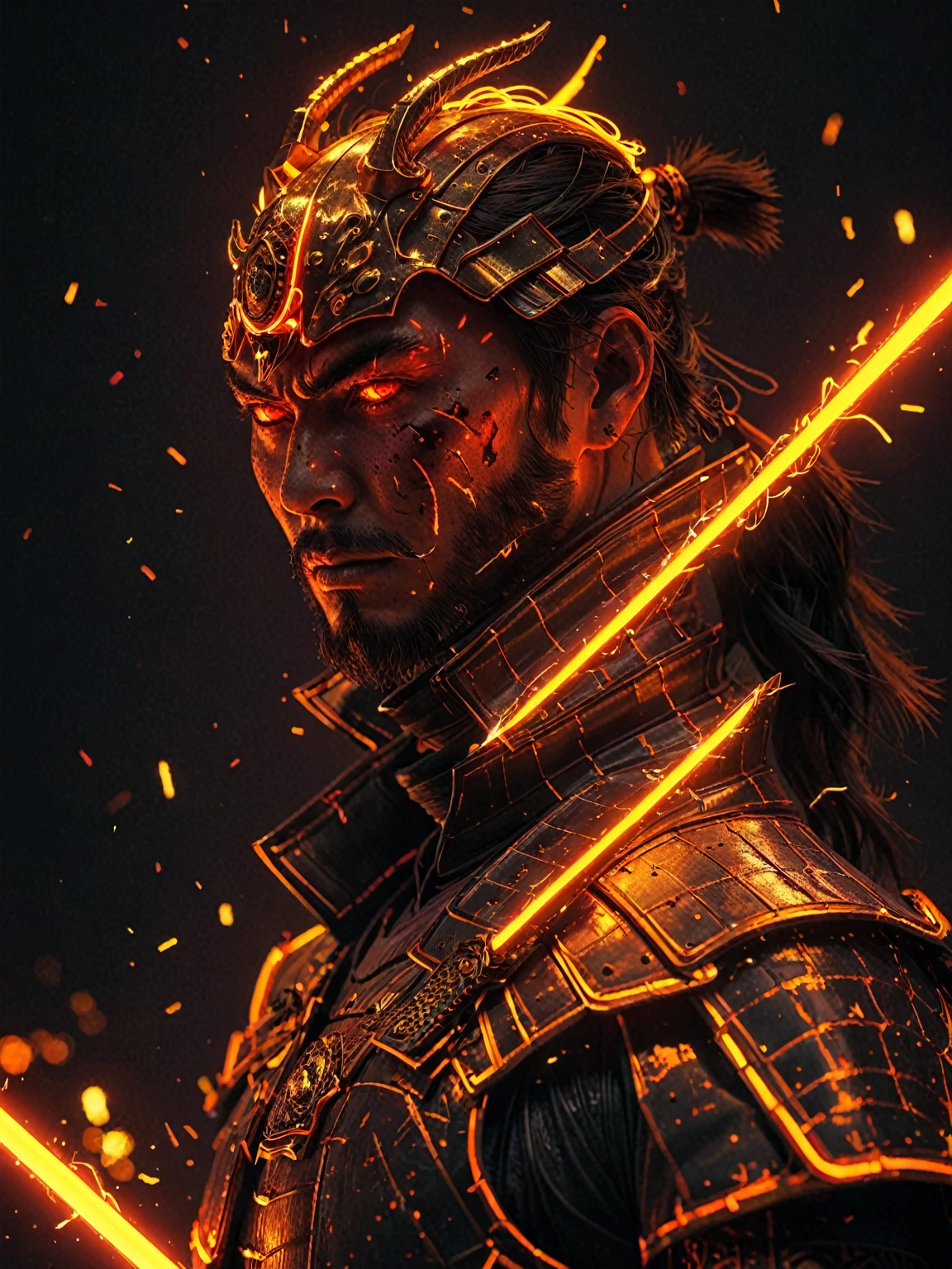 neon light, glowing samurai, emitting sparks and electricity, dark red and orange, Brilliant eyes, cinematic film yet