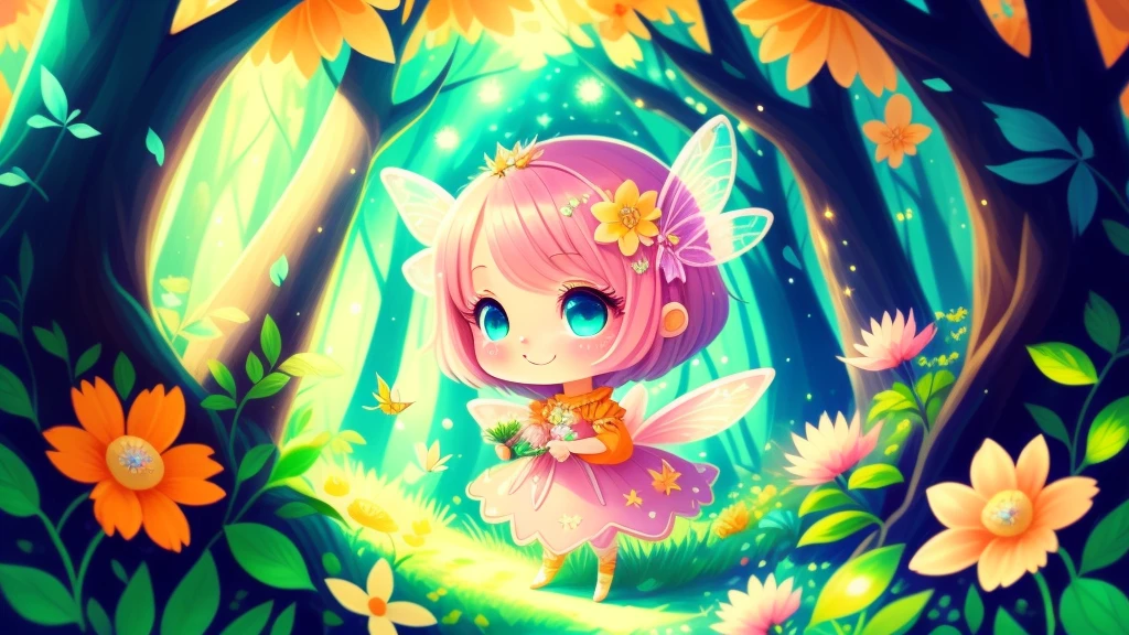 Dreamy garden, trees, flowers, Cute  s, light colors hair, blue eyes, Gossamer,illustration, A masterpiece in bright light, stunning art! The art of magic, fairy tale artwork, inspiring art, exquisite artwork high quality、masterpiece、Sparkling fairies、a Lots of fairies(Pink Fairy、Yellow Fairy、Orange Fairy、Green Fairy、Light Blue Fairy　They are playing happily)、In a beautiful forest、Open your mouse,smile、so many fairies,In the forest at night、ダンスをする